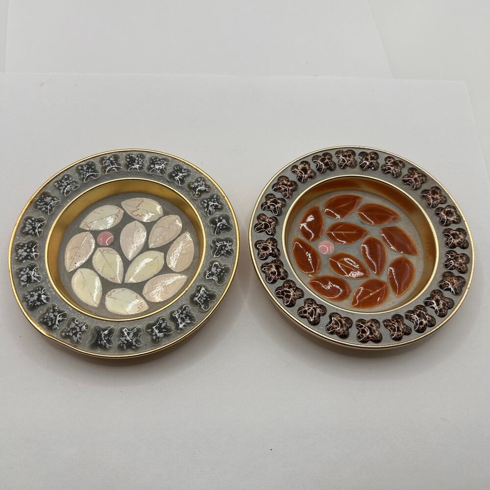 2 VTG 1970s Japanese Porcelain Mosaic Tile Trinket Dishes Gold Rim Leaf Pattern